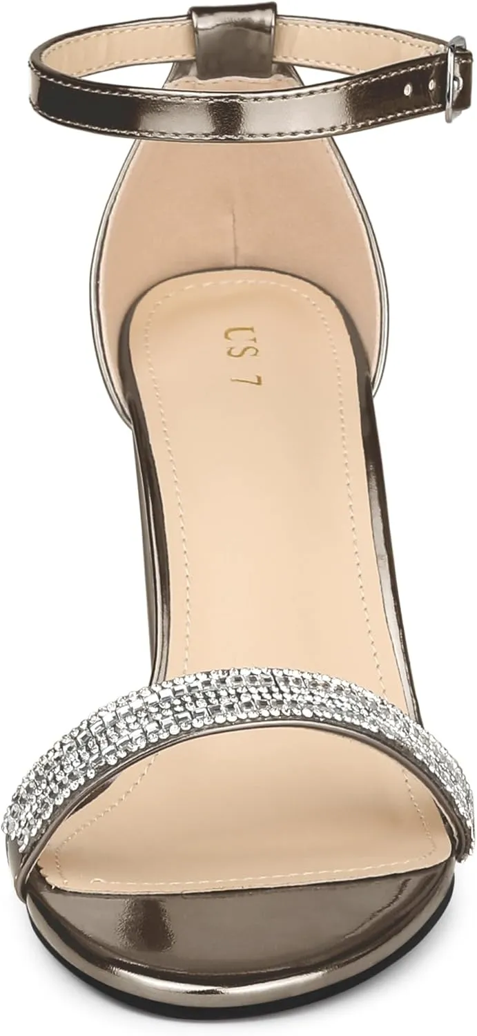 Allegra K Women's Rhinestone Ankle Strap Chunky Heels Sandals