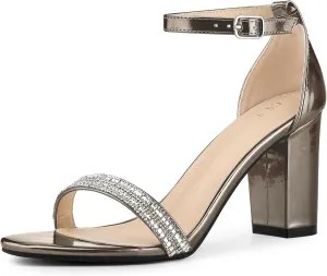 Allegra K Women's Rhinestone Ankle Strap Chunky Heels Sandals