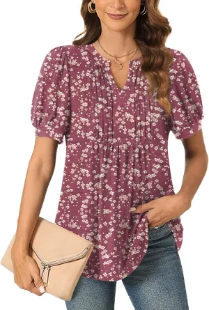 Anyally Womens Summer/Spring Dressy Casual Blouse Puff Short Sleeve Tunic Tops Pleated T-Shirts for Work