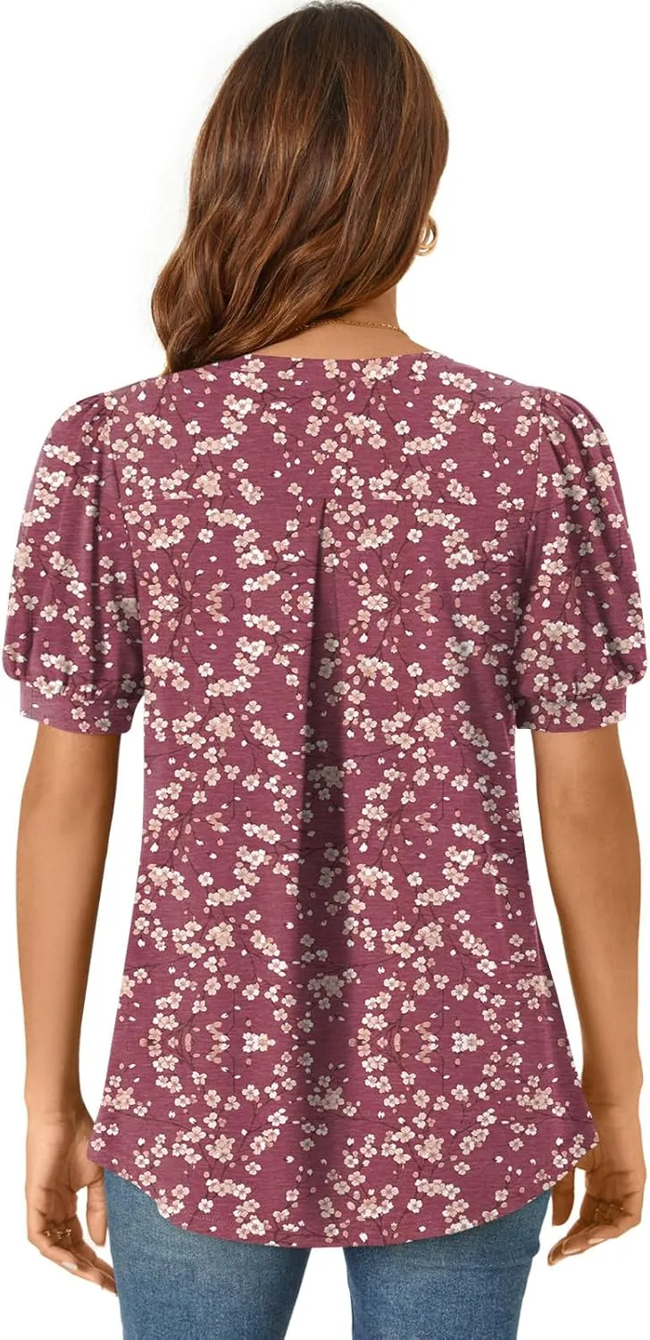 Anyally Womens Summer/Spring Dressy Casual Blouse Puff Short Sleeve Tunic Tops Pleated T-Shirts for Work