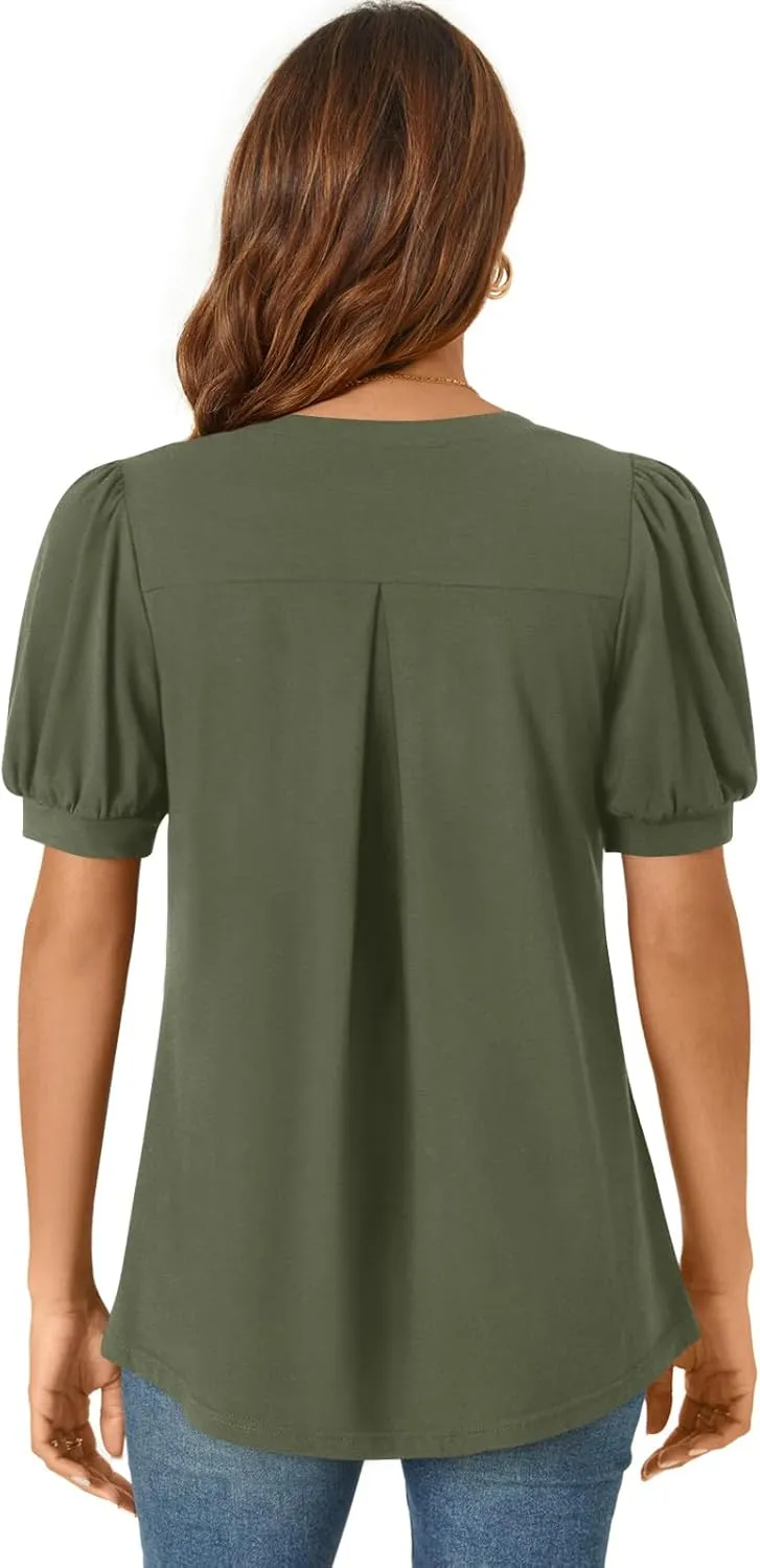 Anyally Womens Summer/Spring Dressy Casual Blouse Puff Short Sleeve Tunic Tops Pleated T-Shirts for Work