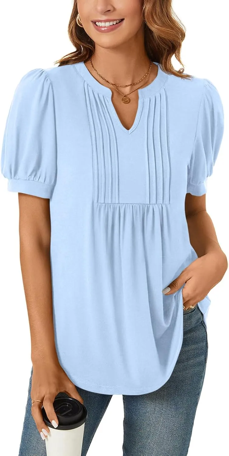 Anyally Womens Summer/Spring Dressy Casual Blouse Puff Short Sleeve Tunic Tops Pleated T-Shirts for Work