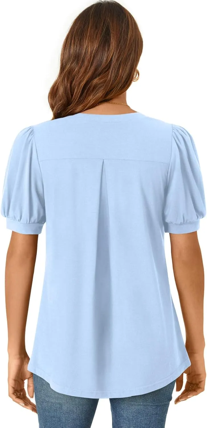Anyally Womens Summer/Spring Dressy Casual Blouse Puff Short Sleeve Tunic Tops Pleated T-Shirts for Work