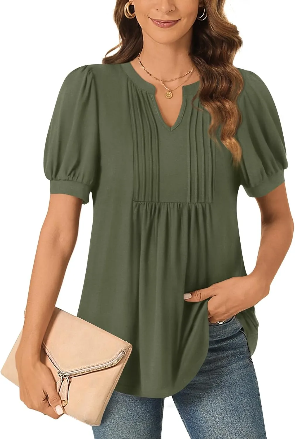 Anyally Womens Summer/Spring Dressy Casual Blouse Puff Short Sleeve Tunic Tops Pleated T-Shirts for Work