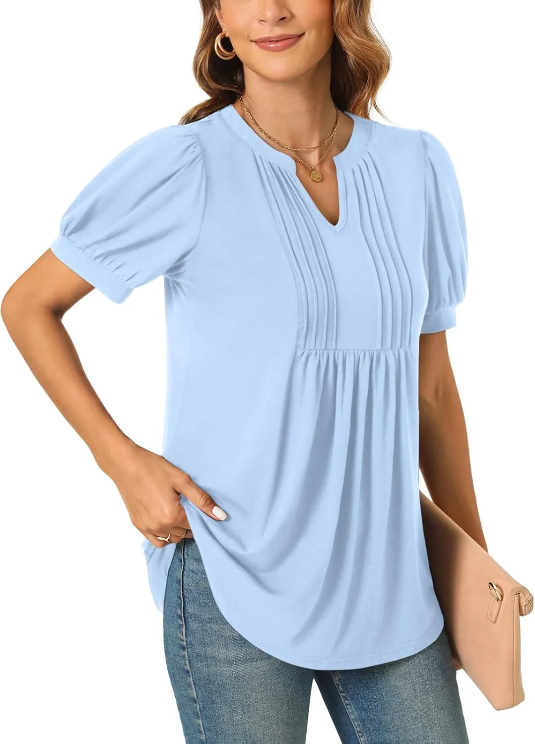Anyally Womens Summer/Spring Dressy Casual Blouse Puff Short Sleeve Tunic Tops Pleated T-Shirts for Work