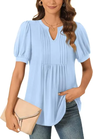 Anyally Womens Summer/Spring Dressy Casual Blouse Puff Short Sleeve Tunic Tops Pleated T-Shirts for Work