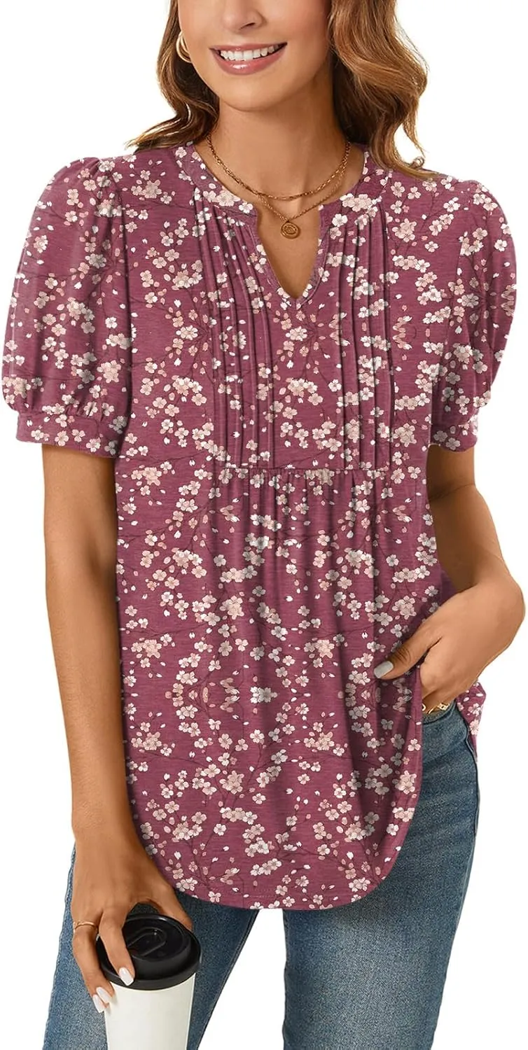 Anyally Womens Summer/Spring Dressy Casual Blouse Puff Short Sleeve Tunic Tops Pleated T-Shirts for Work