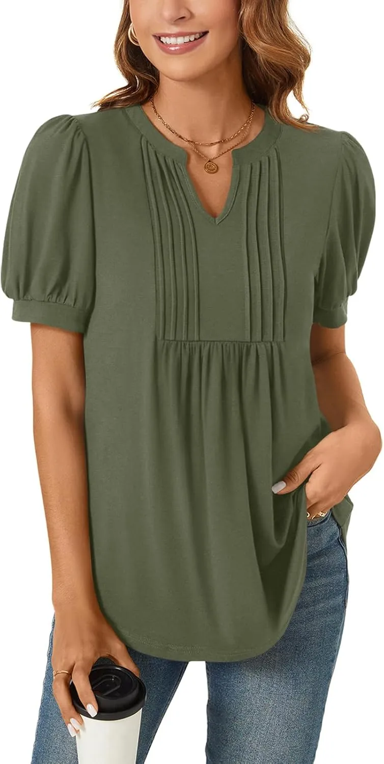 Anyally Womens Summer/Spring Dressy Casual Blouse Puff Short Sleeve Tunic Tops Pleated T-Shirts for Work