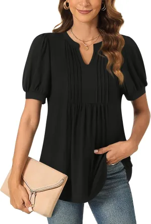 Anyally Womens Summer/Spring Dressy Casual Blouse Puff Short Sleeve Tunic Tops Pleated T-Shirts for Work