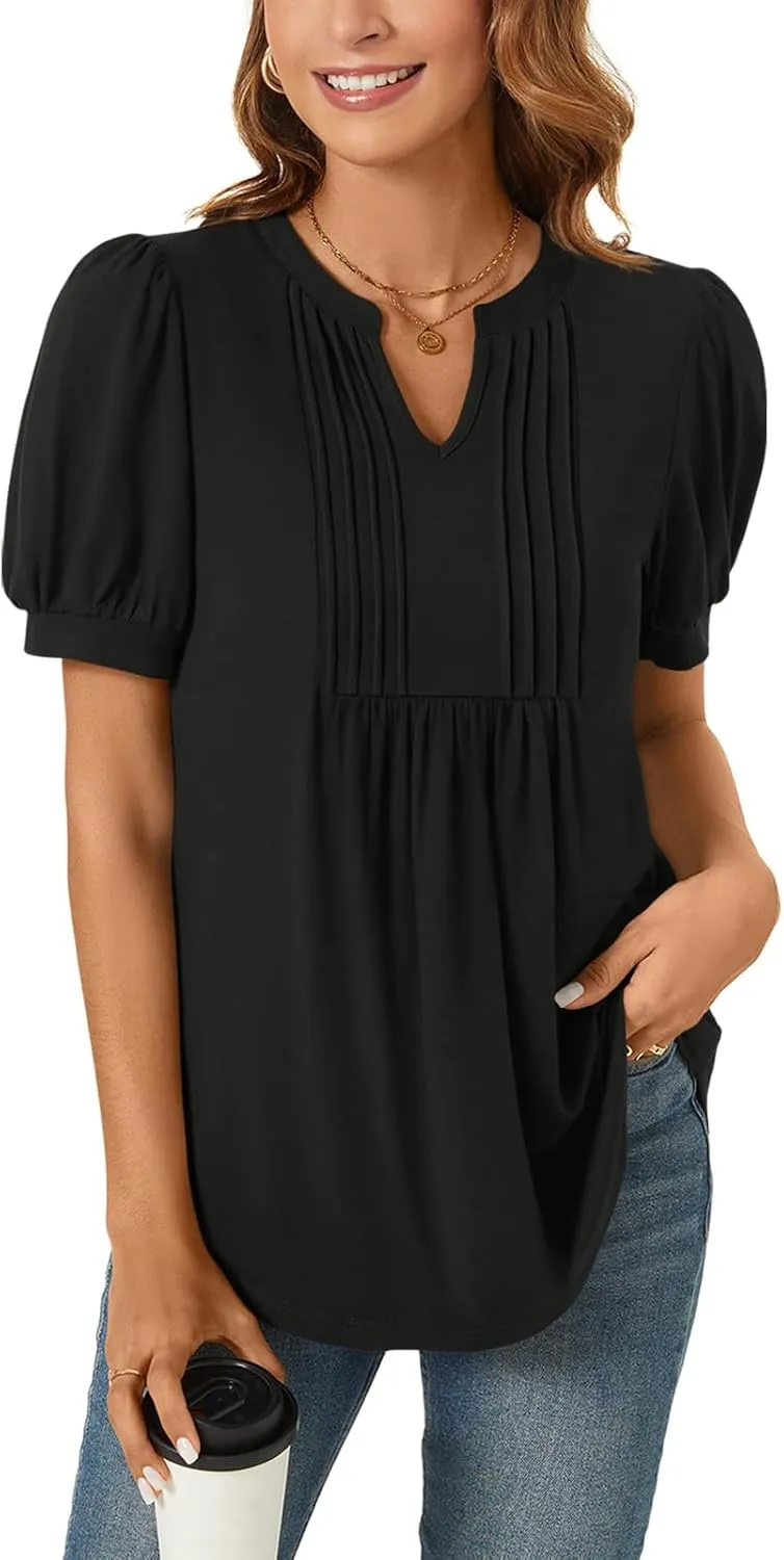 Anyally Womens Summer/Spring Dressy Casual Blouse Puff Short Sleeve Tunic Tops Pleated T-Shirts for Work