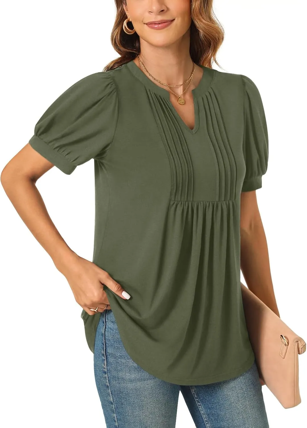 Anyally Womens Summer/Spring Dressy Casual Blouse Puff Short Sleeve Tunic Tops Pleated T-Shirts for Work