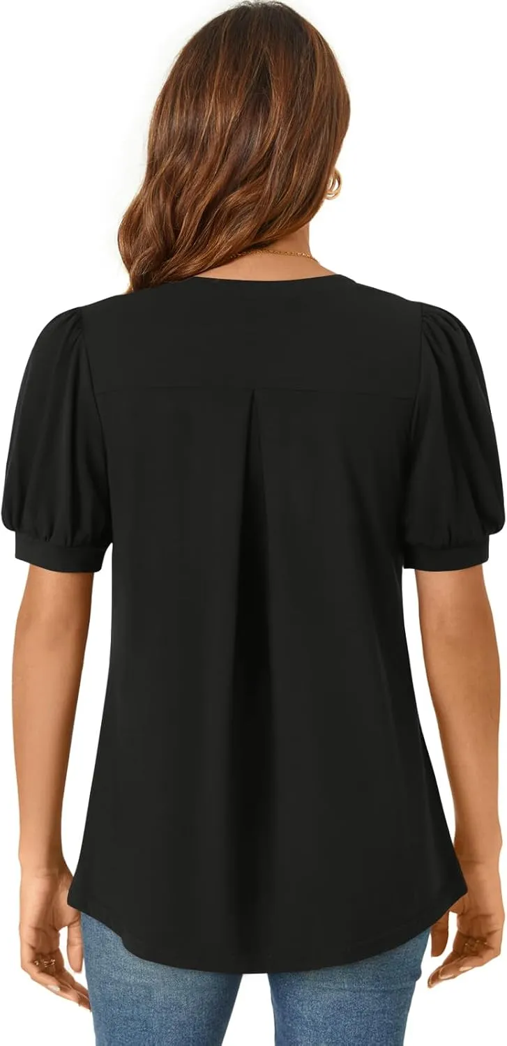 Anyally Womens Summer/Spring Dressy Casual Blouse Puff Short Sleeve Tunic Tops Pleated T-Shirts for Work