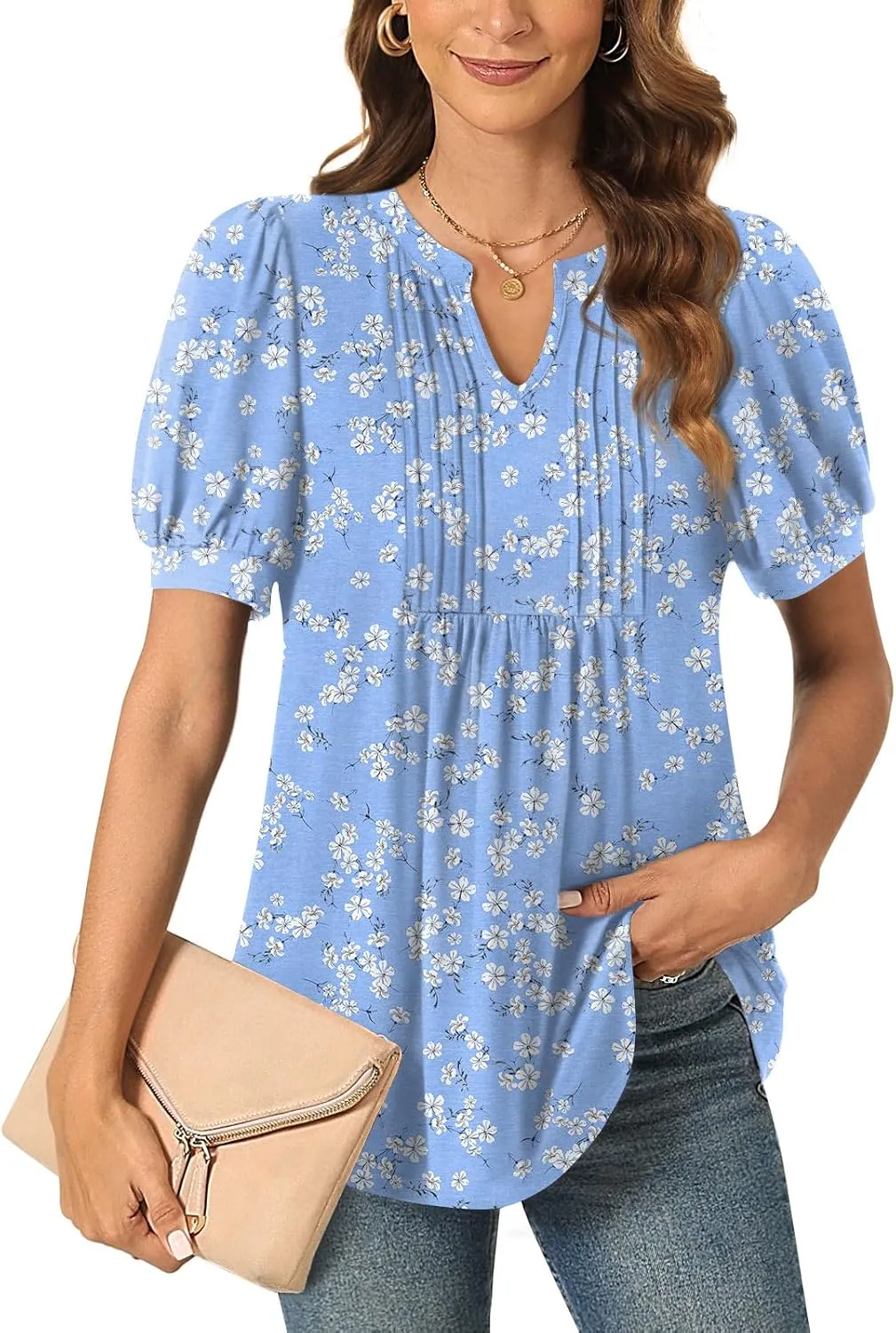 Anyally Womens Summer/Spring Dressy Casual Blouse Puff Short Sleeve Tunic Tops Pleated T-Shirts for Work
