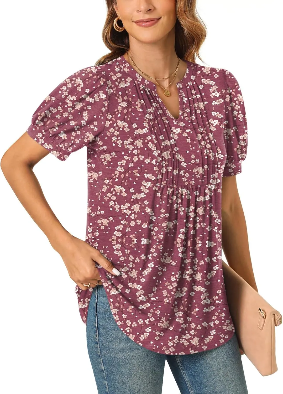 Anyally Womens Summer/Spring Dressy Casual Blouse Puff Short Sleeve Tunic Tops Pleated T-Shirts for Work