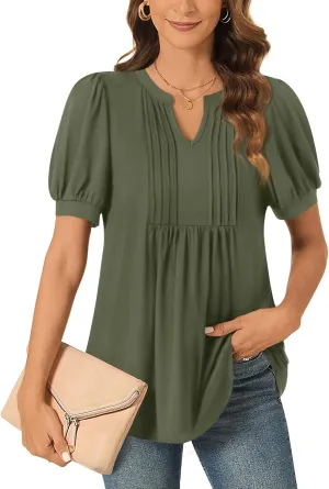 Anyally Womens Summer/Spring Dressy Casual Blouse Puff Short Sleeve Tunic Tops Pleated T-Shirts for Work