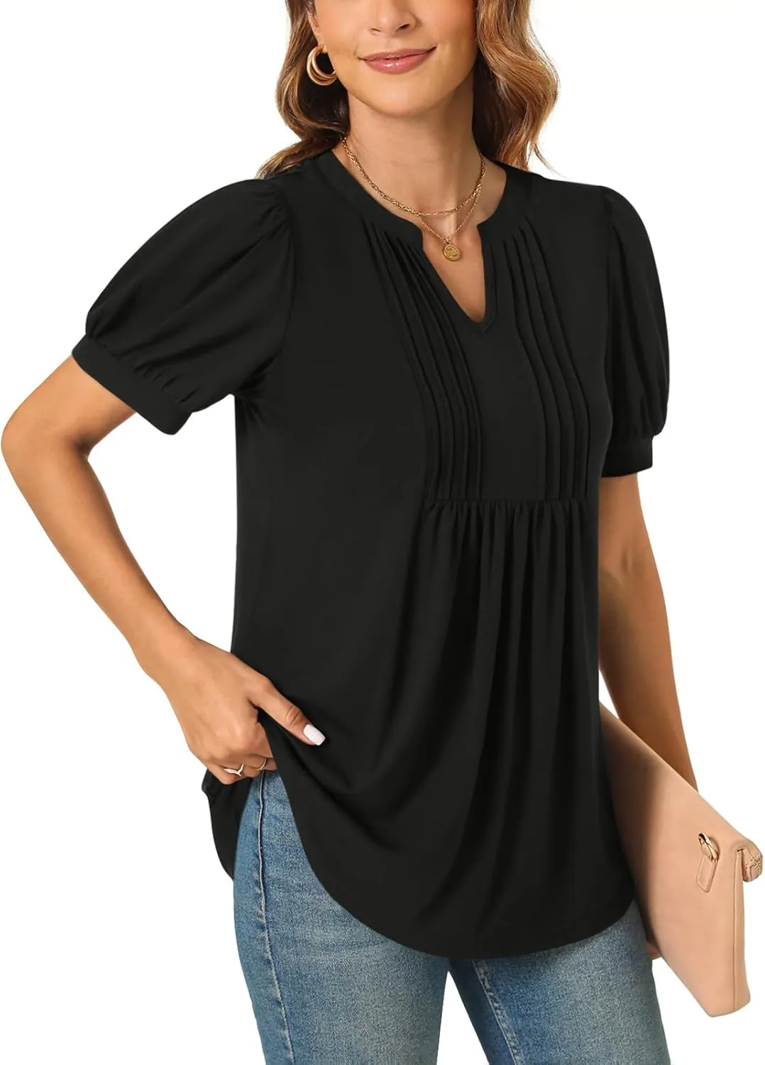 Anyally Womens Summer/Spring Dressy Casual Blouse Puff Short Sleeve Tunic Tops Pleated T-Shirts for Work