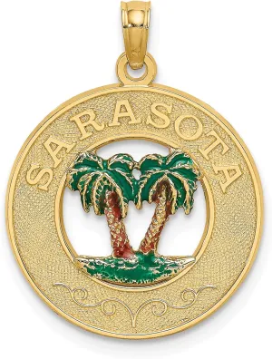 Avariah 14K Yellow Gold w/Enamel SARASOTA Circle Palm Tree Charm - 24.4mm