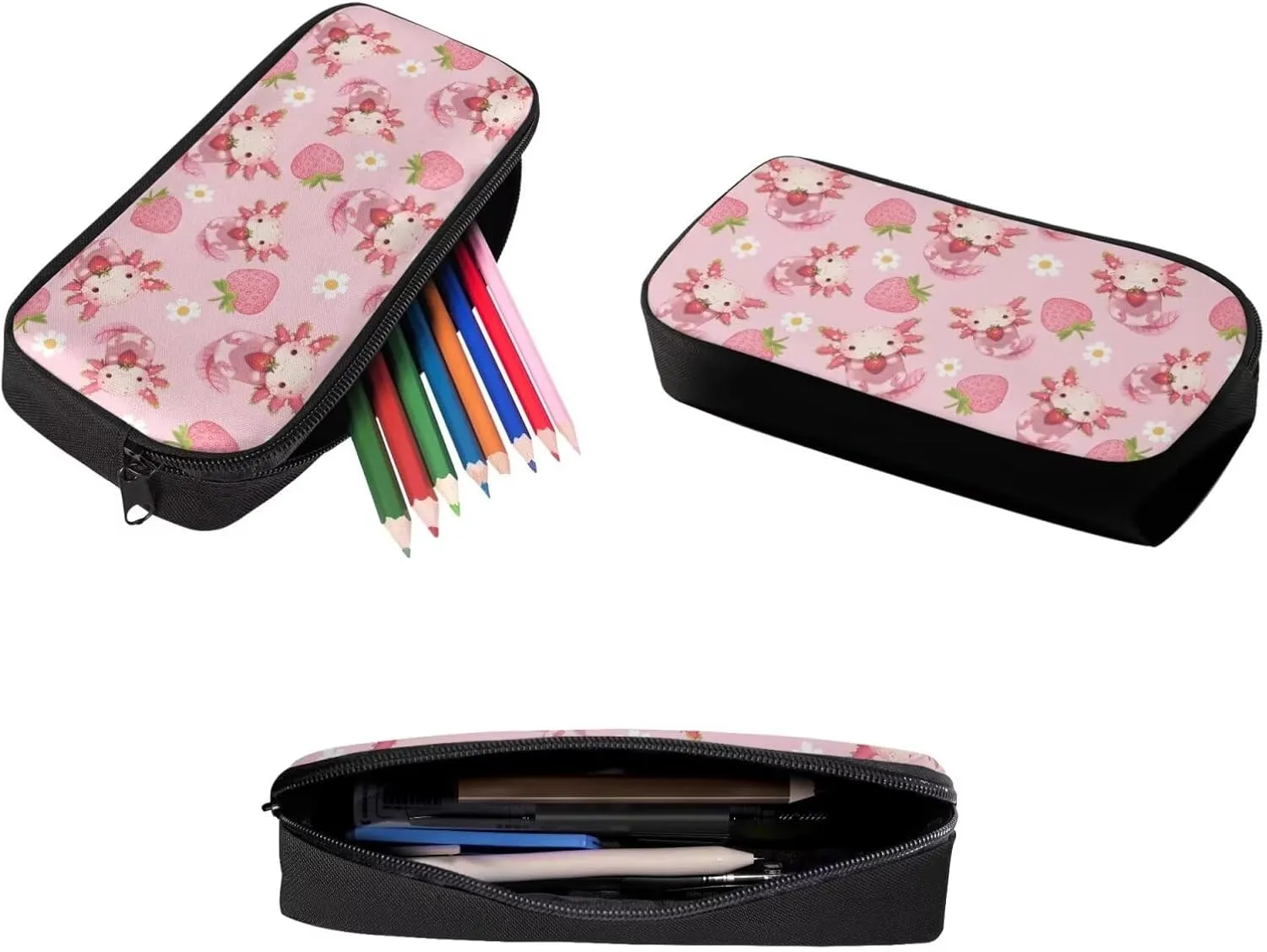 Axolotl Schoolbag Lunch Bag and Pencil Case Set Strawberry Print Elementary School Backpack 17 inch Backpack Large Capacity Lunchbox with Zipper Pockets