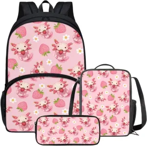 Axolotl Schoolbag Lunch Bag and Pencil Case Set Strawberry Print Elementary School Backpack 17 inch Backpack Large Capacity Lunchbox with Zipper Pockets