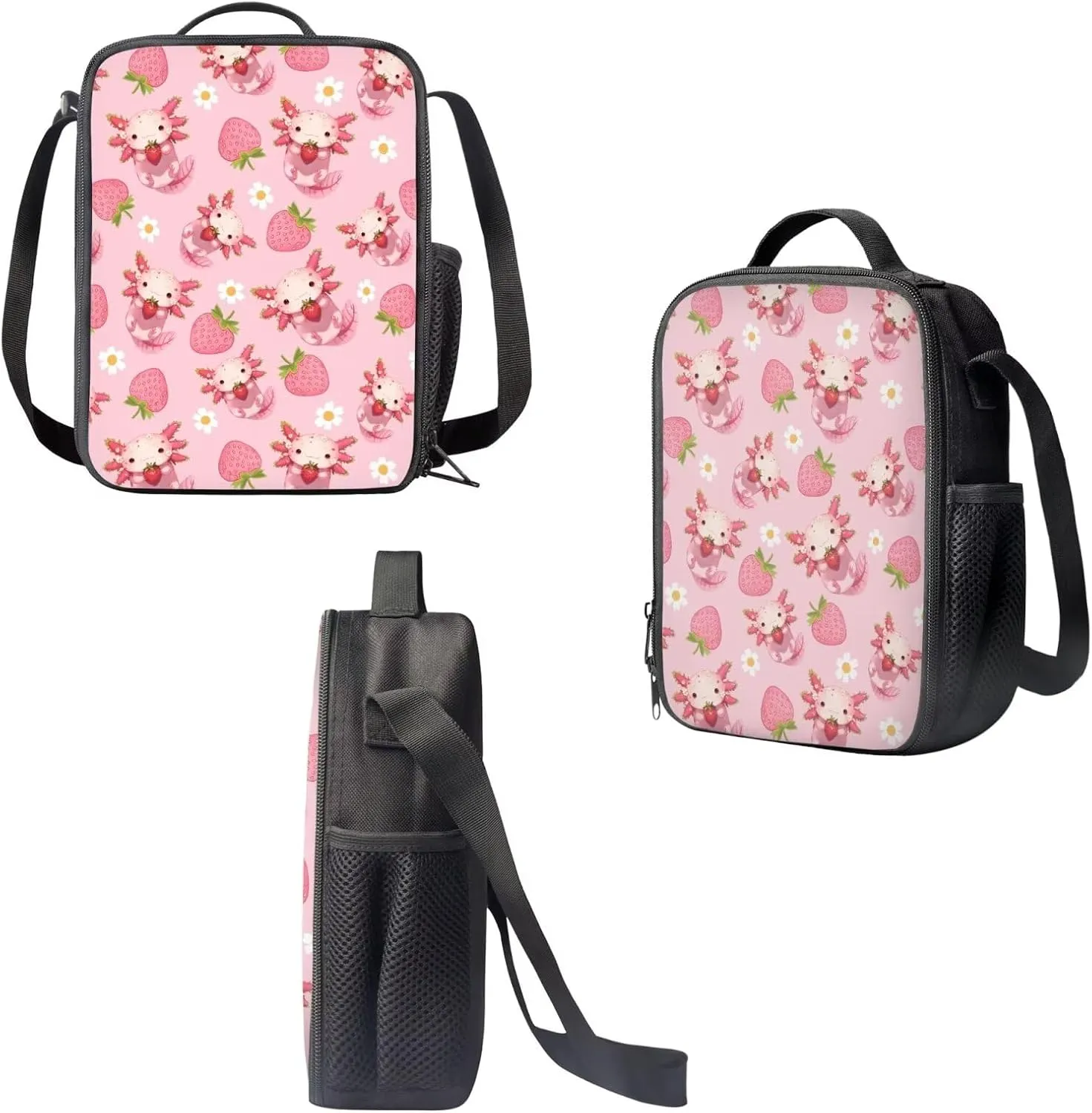 Axolotl Schoolbag Lunch Bag and Pencil Case Set Strawberry Print Elementary School Backpack 17 inch Backpack Large Capacity Lunchbox with Zipper Pockets