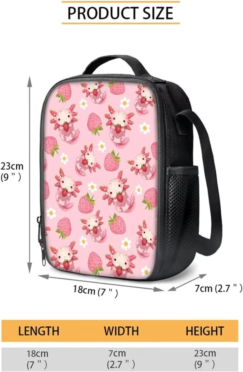 Axolotl Schoolbag Lunch Bag and Pencil Case Set Strawberry Print Elementary School Backpack 17 inch Backpack Large Capacity Lunchbox with Zipper Pockets