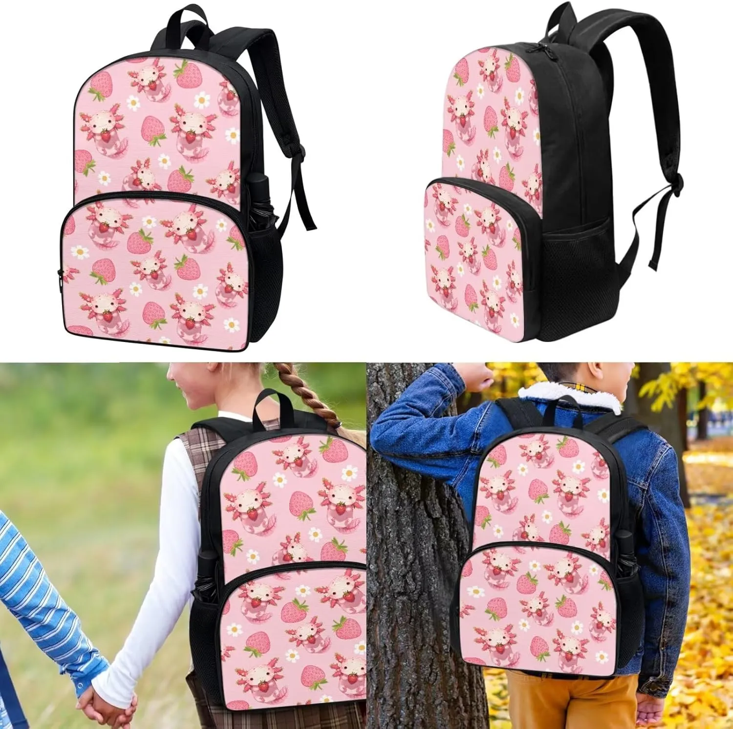 Axolotl Schoolbag Lunch Bag and Pencil Case Set Strawberry Print Elementary School Backpack 17 inch Backpack Large Capacity Lunchbox with Zipper Pockets