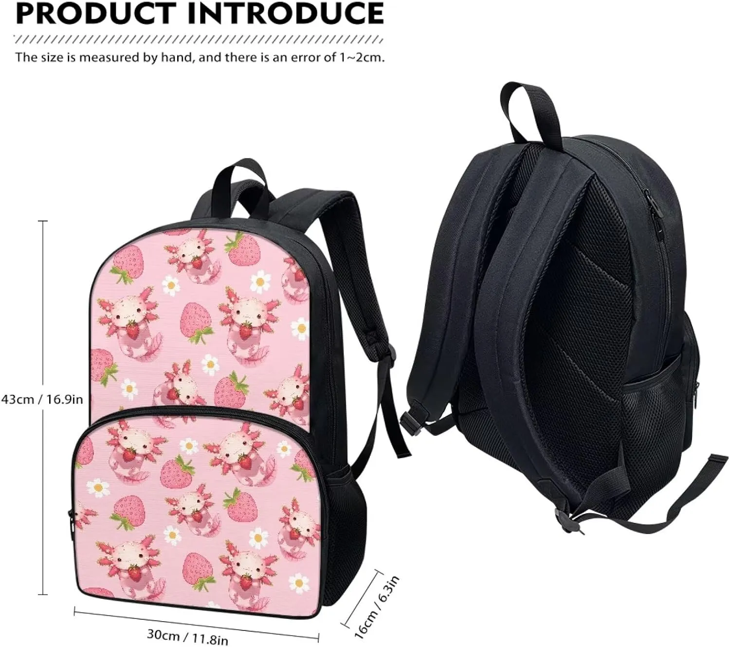Axolotl Schoolbag Lunch Bag and Pencil Case Set Strawberry Print Elementary School Backpack 17 inch Backpack Large Capacity Lunchbox with Zipper Pockets