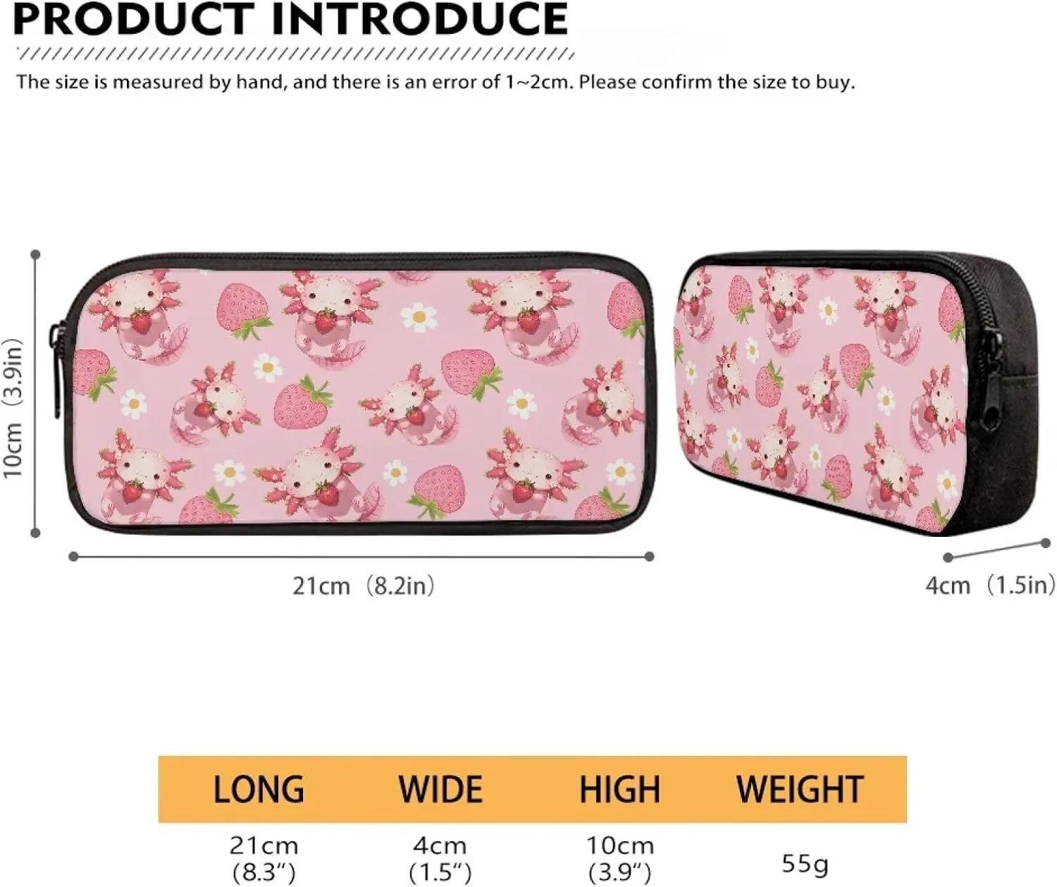 Axolotl Schoolbag Lunch Bag and Pencil Case Set Strawberry Print Elementary School Backpack 17 inch Backpack Large Capacity Lunchbox with Zipper Pockets