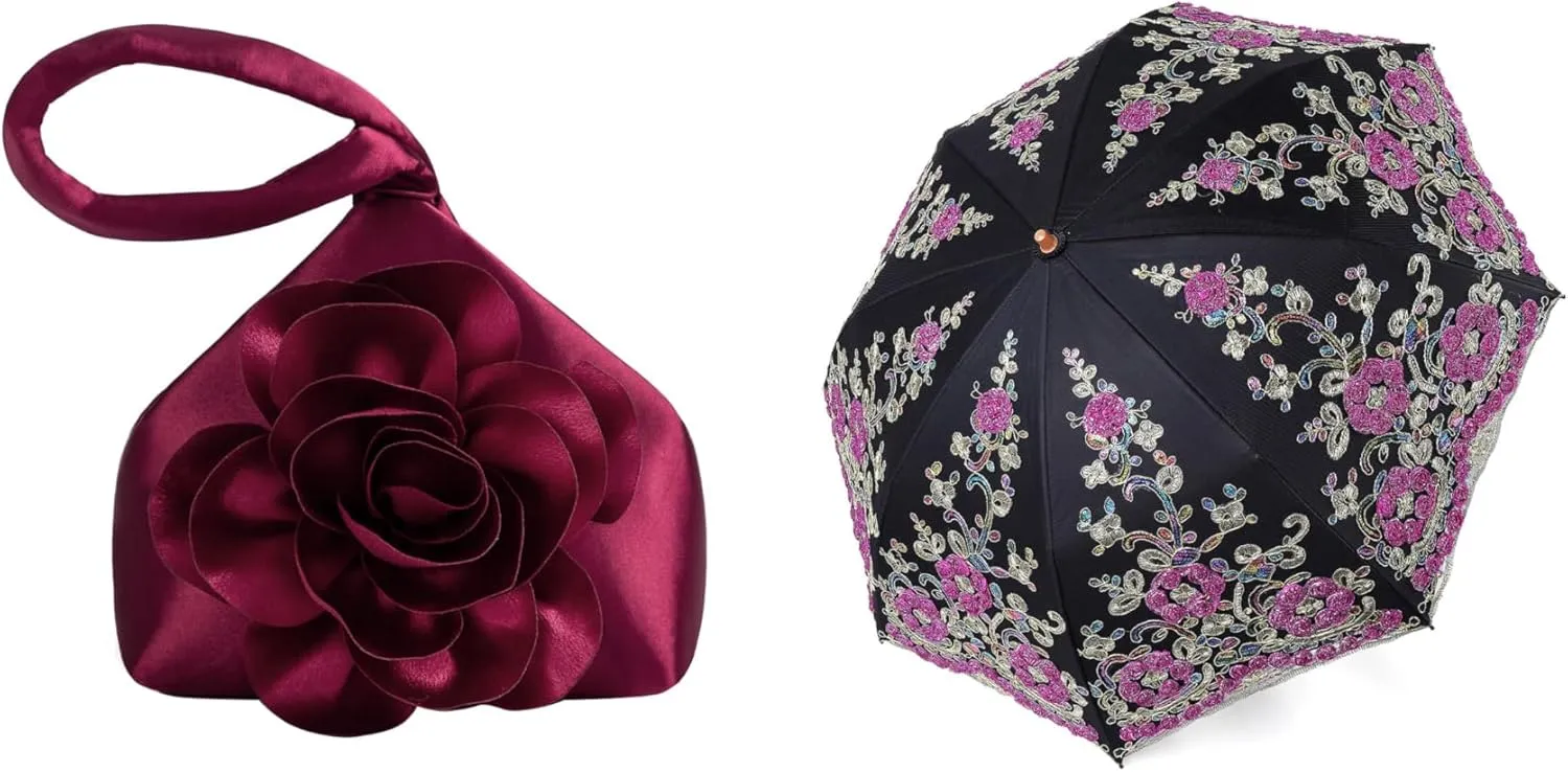 BABEYOND Clutch Purses for Women Evening Bags Flower Satin Handbag Classy Wristlet Purse for Party Daily Wedding Lace Parasol Ultraviolet-Proof Folding Umbrella UPF50  Vintage Embroidery Umbrella