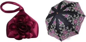 BABEYOND Clutch Purses for Women Evening Bags Flower Satin Handbag Classy Wristlet Purse for Party Daily Wedding Lace Parasol Ultraviolet-Proof Folding Umbrella UPF50  Vintage Embroidery Umbrella