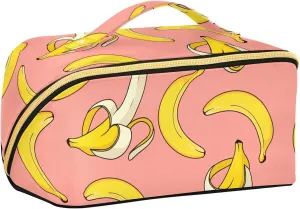 Banana Pink Background Travel Makeup Bag Cosmetic Bags for Women Portable Make Up Organizer Case Open Flat Toiletry Bag with Handle