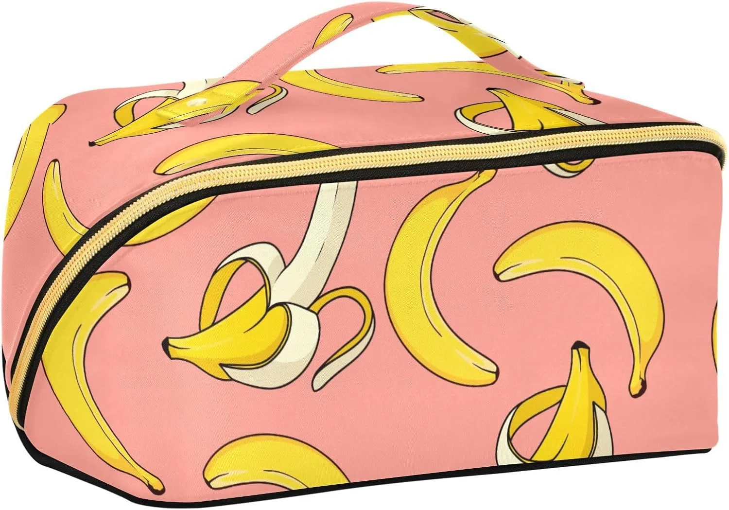 Banana Pink Background Travel Makeup Bag Cosmetic Bags for Women Portable Make Up Organizer Case Open Flat Toiletry Bag with Handle