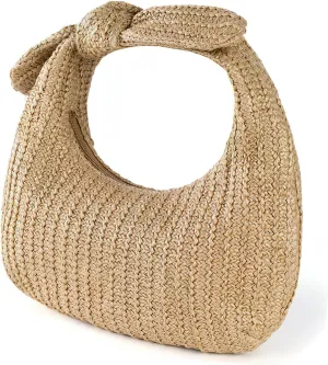 Beige Straw Handbag Holiday Bag Large Woven Pouch Bow Decor Outdoor Storage Bag