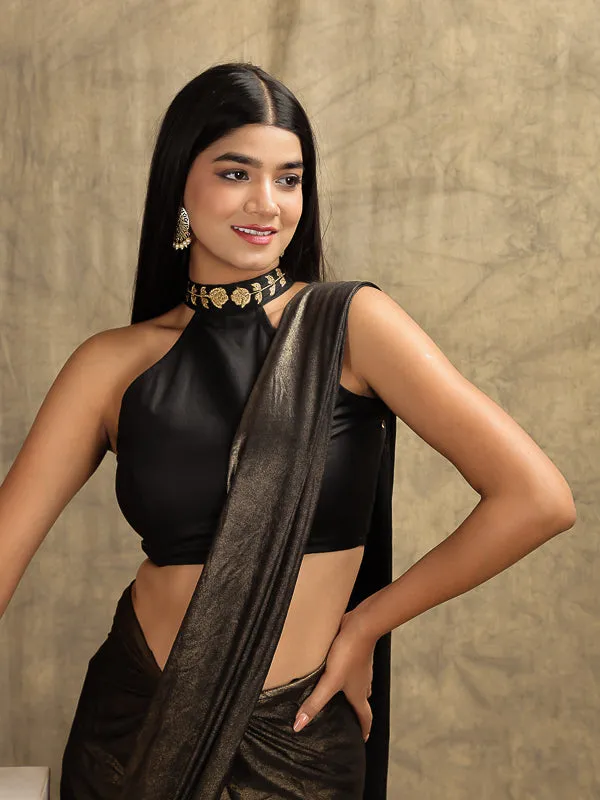 Black Gold Halter Neck Embroidered padded Blouse
