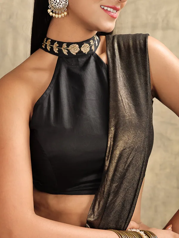 Black Gold Halter Neck Embroidered padded Blouse
