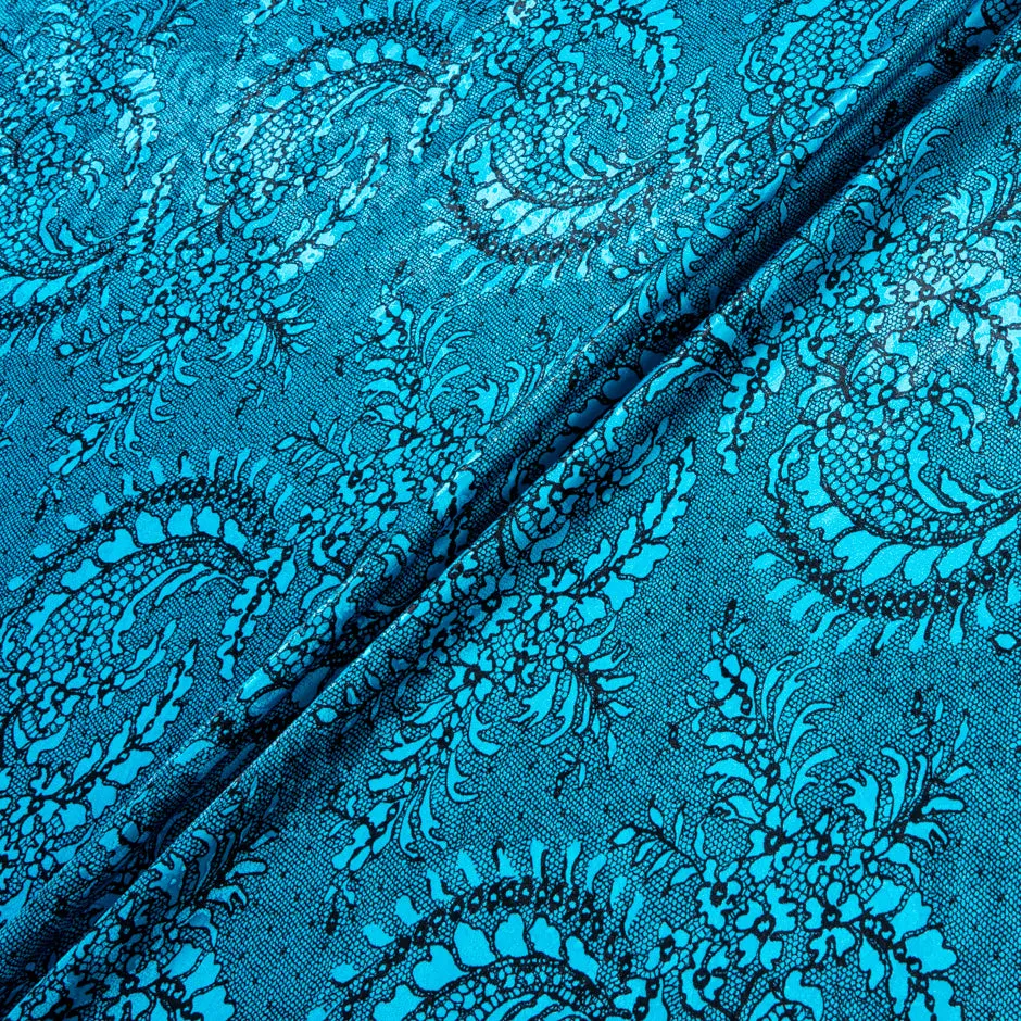 Black Lace Printed Turquoise Silk Jacquard