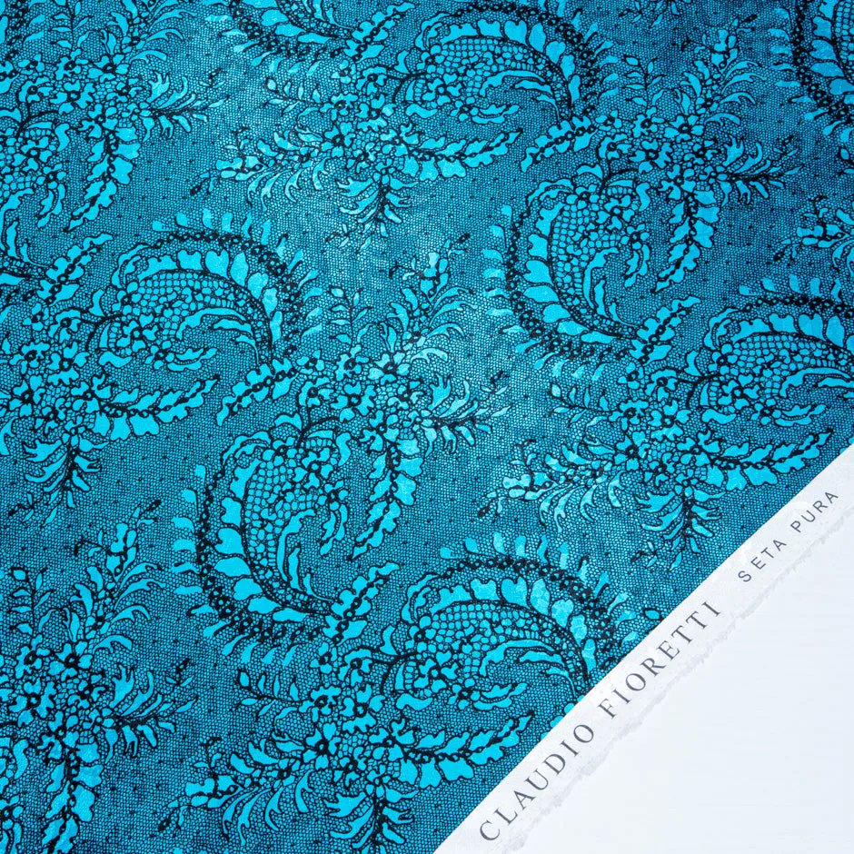 Black Lace Printed Turquoise Silk Jacquard