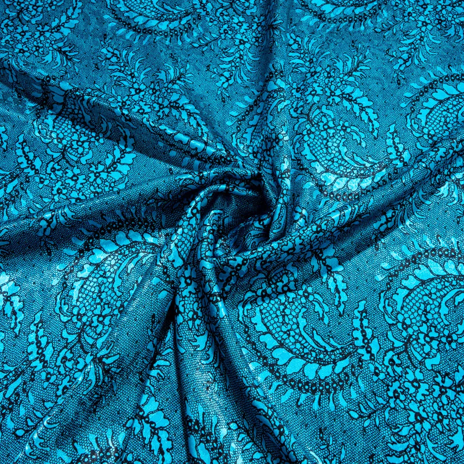 Black Lace Printed Turquoise Silk Jacquard