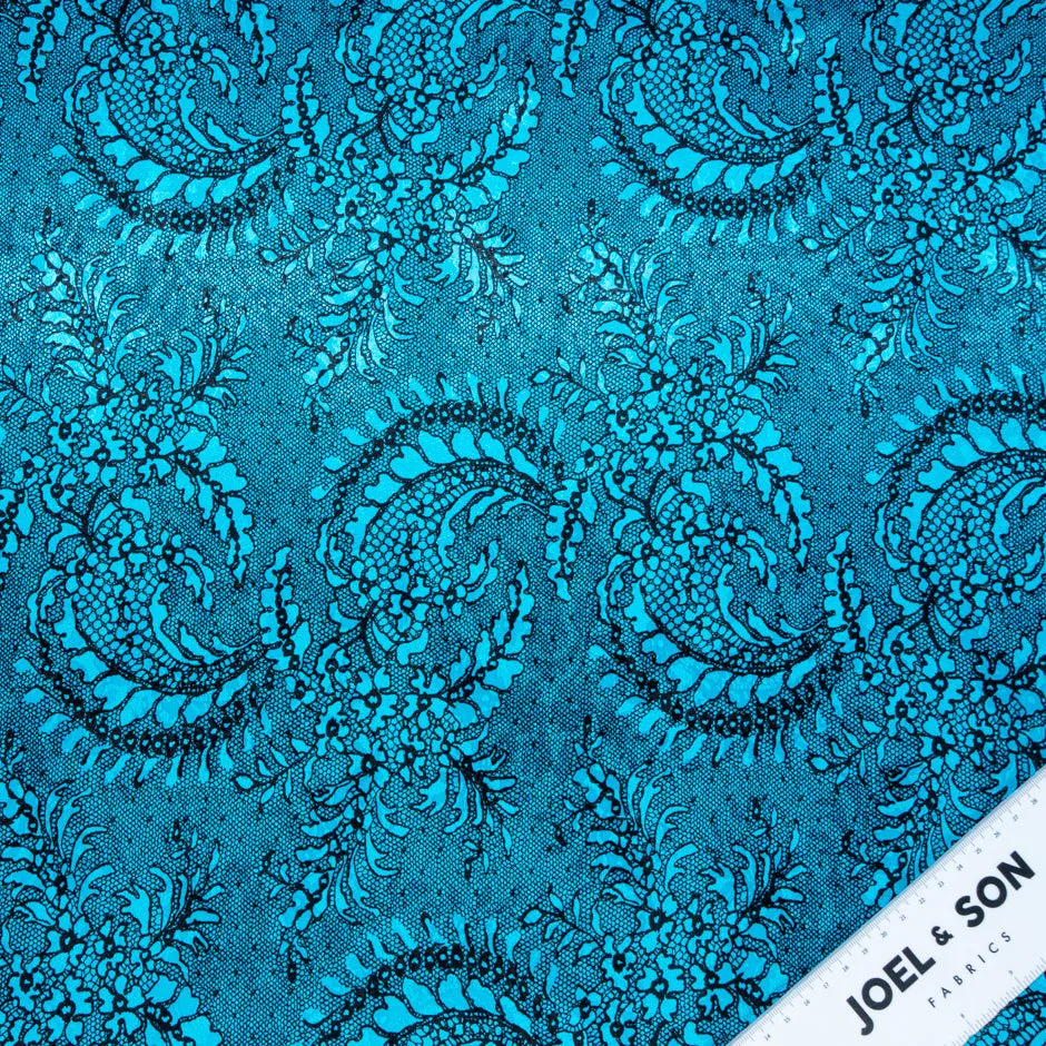 Black Lace Printed Turquoise Silk Jacquard