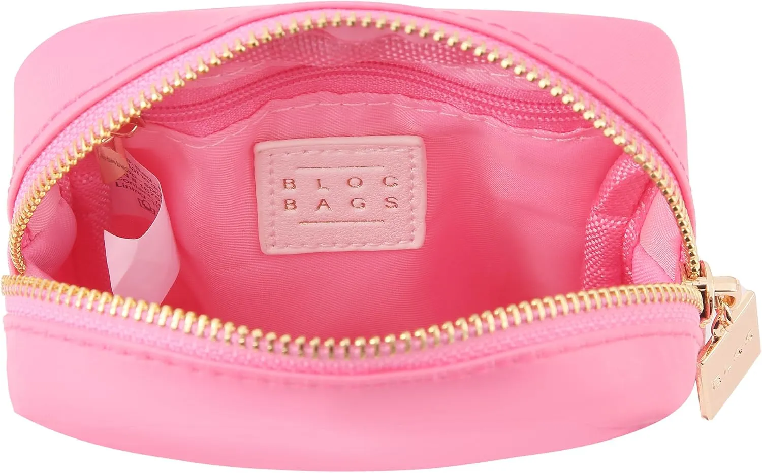 BLOC Bags Travel Makeup Bag, Cosmetic Bags for Women, Mini Makeup Bag, Cute Toiletry Bag, Beauty Bag with Chenille Patch, with Inside Zipper Pouch and Mesh Pockets (Pink Kiss, Bubblegum Pink)
