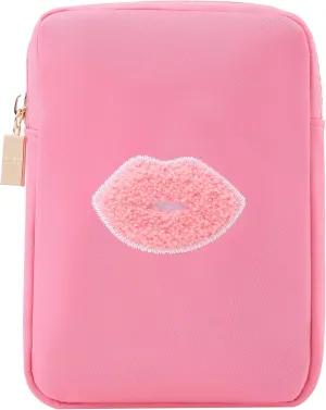 BLOC Bags Travel Makeup Bag, Cosmetic Bags for Women, Mini Makeup Bag, Cute Toiletry Bag, Beauty Bag with Chenille Patch, with Inside Zipper Pouch and Mesh Pockets (Pink Kiss, Bubblegum Pink)