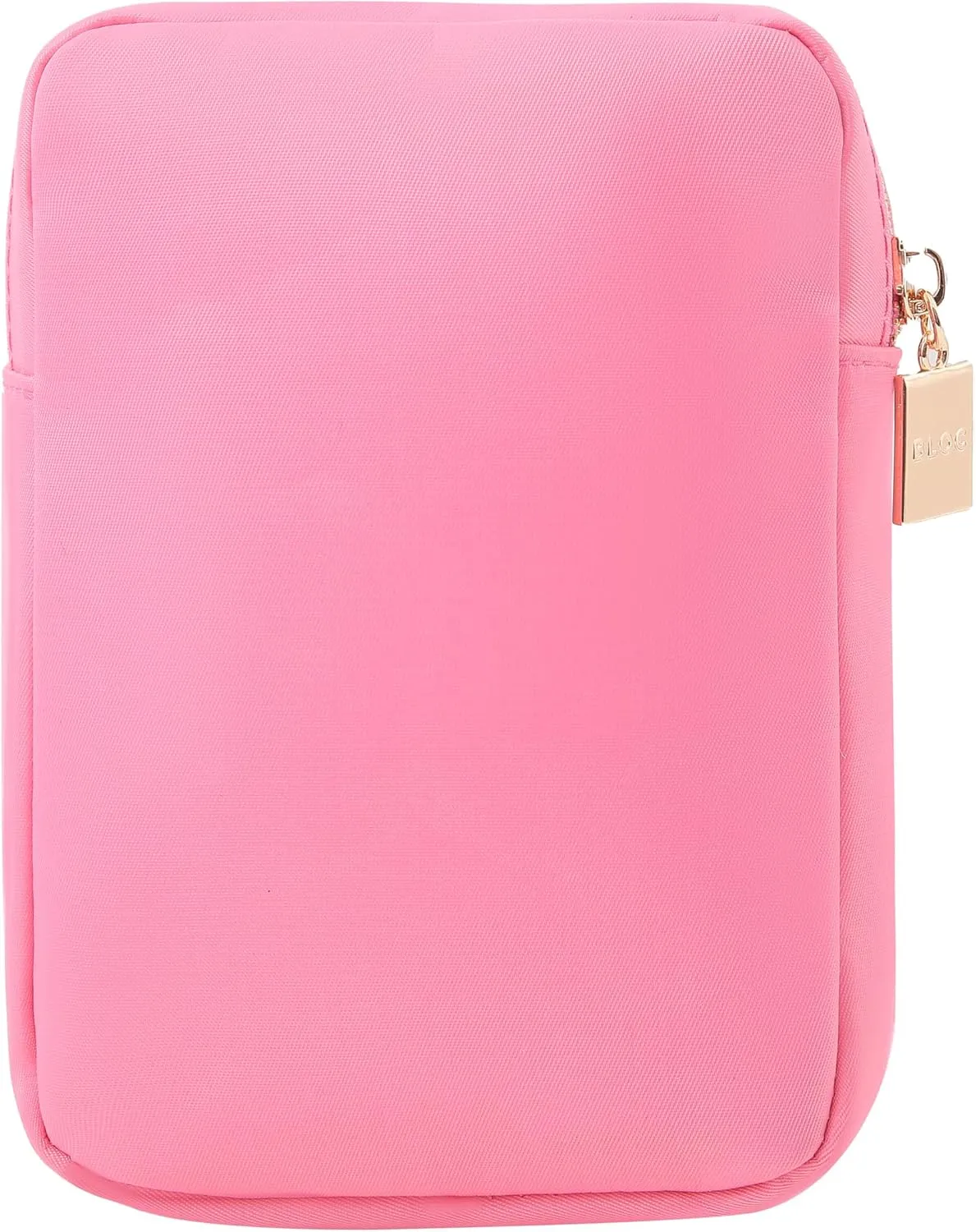 BLOC Bags Travel Makeup Bag, Cosmetic Bags for Women, Mini Makeup Bag, Cute Toiletry Bag, Beauty Bag with Chenille Patch, with Inside Zipper Pouch and Mesh Pockets (Pink Kiss, Bubblegum Pink)
