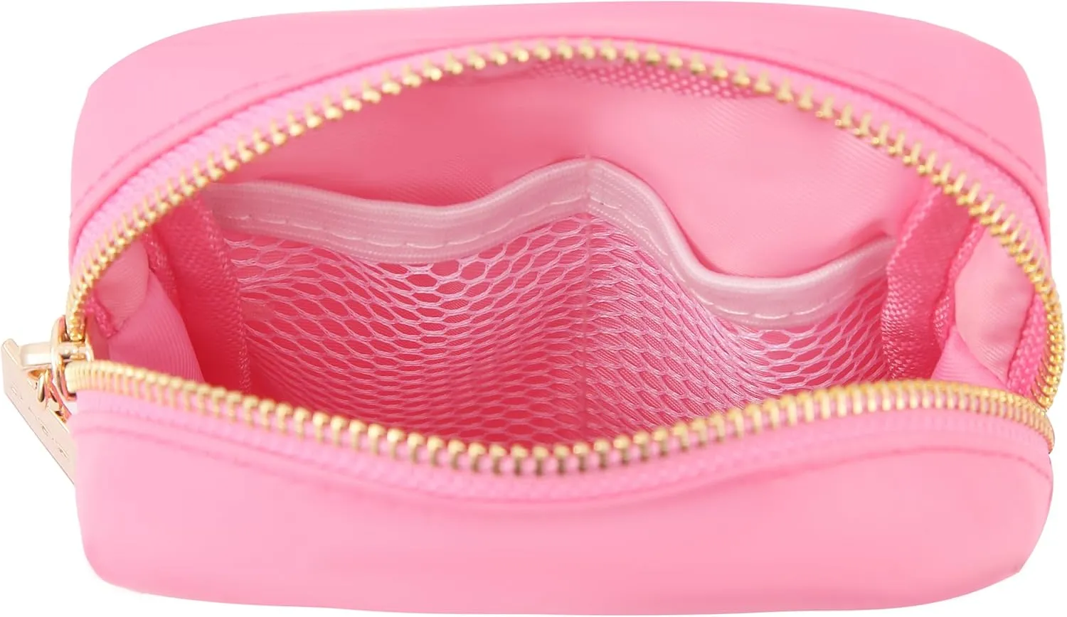 BLOC Bags Travel Makeup Bag, Cosmetic Bags for Women, Mini Makeup Bag, Cute Toiletry Bag, Beauty Bag with Chenille Patch, with Inside Zipper Pouch and Mesh Pockets (Pink Kiss, Bubblegum Pink)