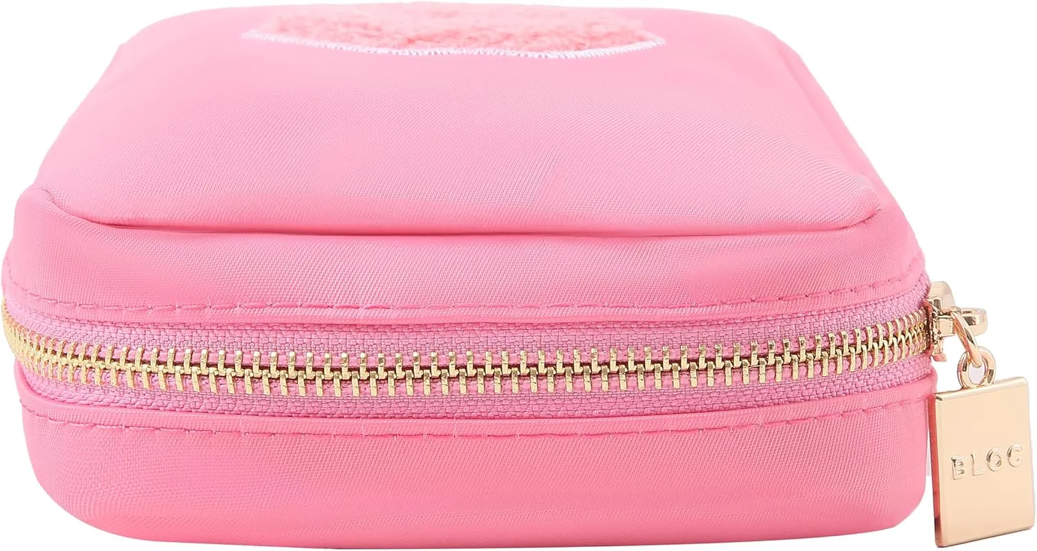 BLOC Bags Travel Makeup Bag, Cosmetic Bags for Women, Mini Makeup Bag, Cute Toiletry Bag, Beauty Bag with Chenille Patch, with Inside Zipper Pouch and Mesh Pockets (Pink Kiss, Bubblegum Pink)