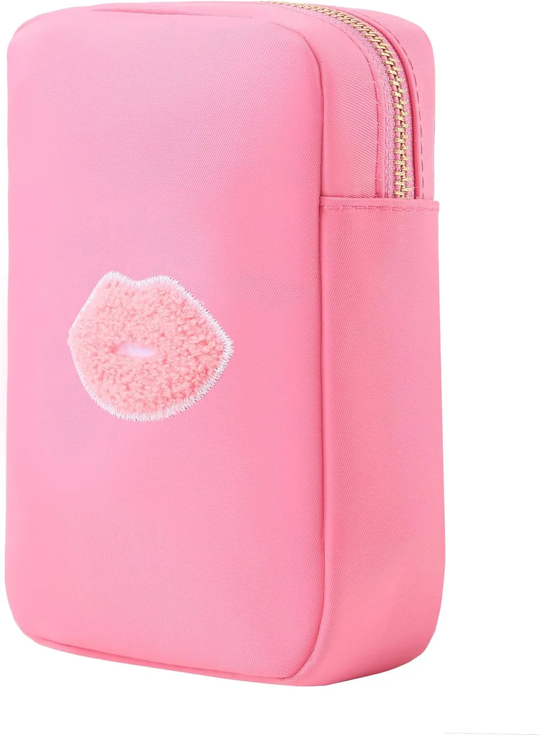 BLOC Bags Travel Makeup Bag, Cosmetic Bags for Women, Mini Makeup Bag, Cute Toiletry Bag, Beauty Bag with Chenille Patch, with Inside Zipper Pouch and Mesh Pockets (Pink Kiss, Bubblegum Pink)