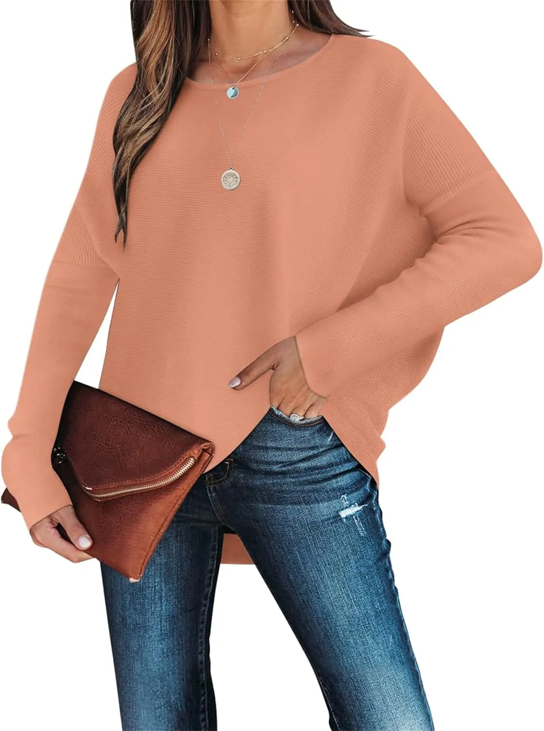 Boat Neck Sweaters for Women Batwing Long Sleeve Fall Oversized Ribbed Knit Pullover Baggy Jumper Tunic Tops