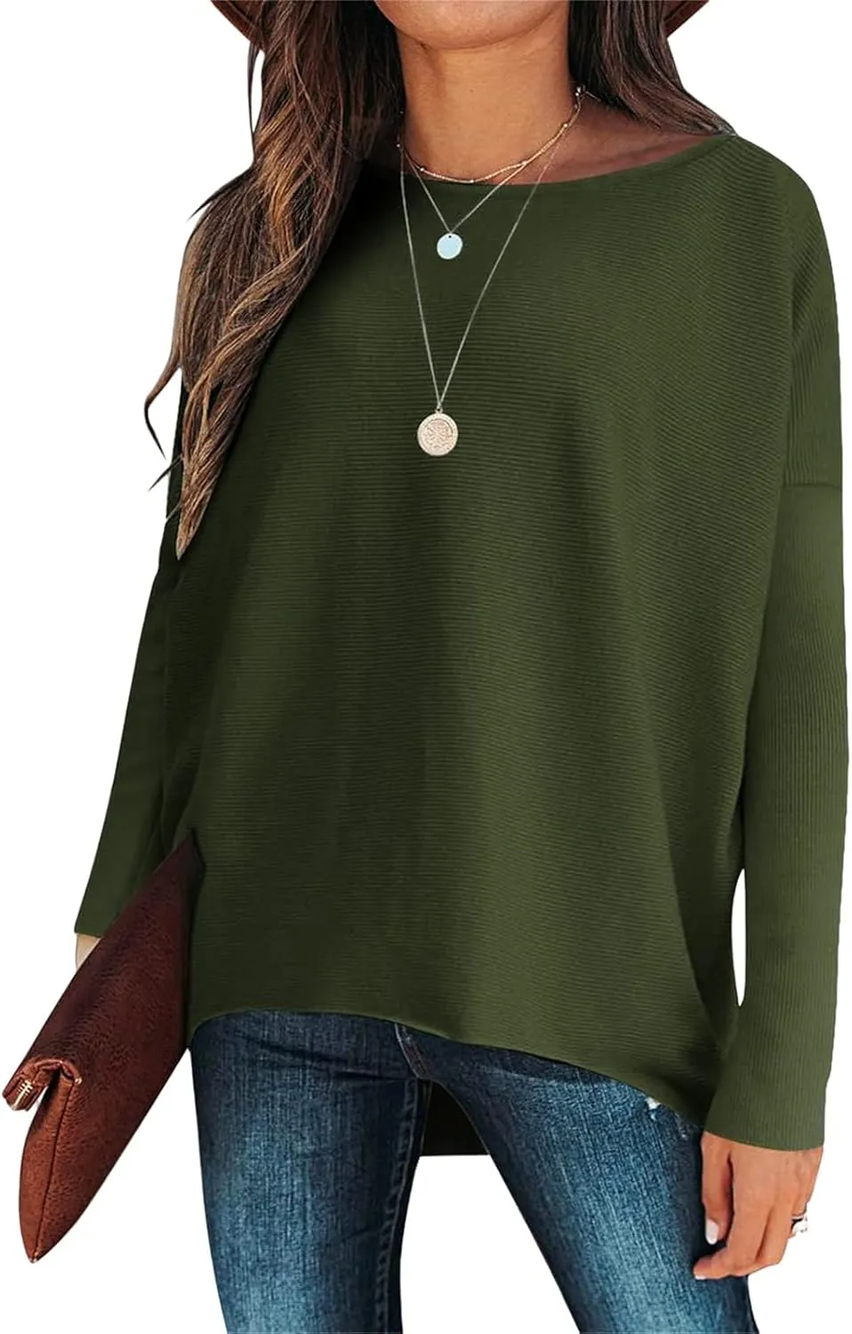 Boat Neck Sweaters for Women Batwing Long Sleeve Fall Oversized Ribbed Knit Pullover Baggy Jumper Tunic Tops