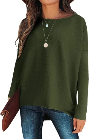 Boat Neck Sweaters for Women Batwing Long Sleeve Fall Oversized Ribbed Knit Pullover Baggy Jumper Tunic Tops