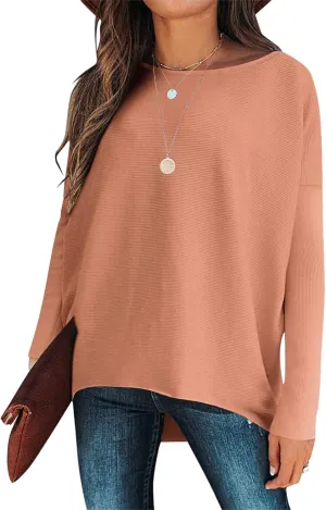 Boat Neck Sweaters for Women Batwing Long Sleeve Fall Oversized Ribbed Knit Pullover Baggy Jumper Tunic Tops