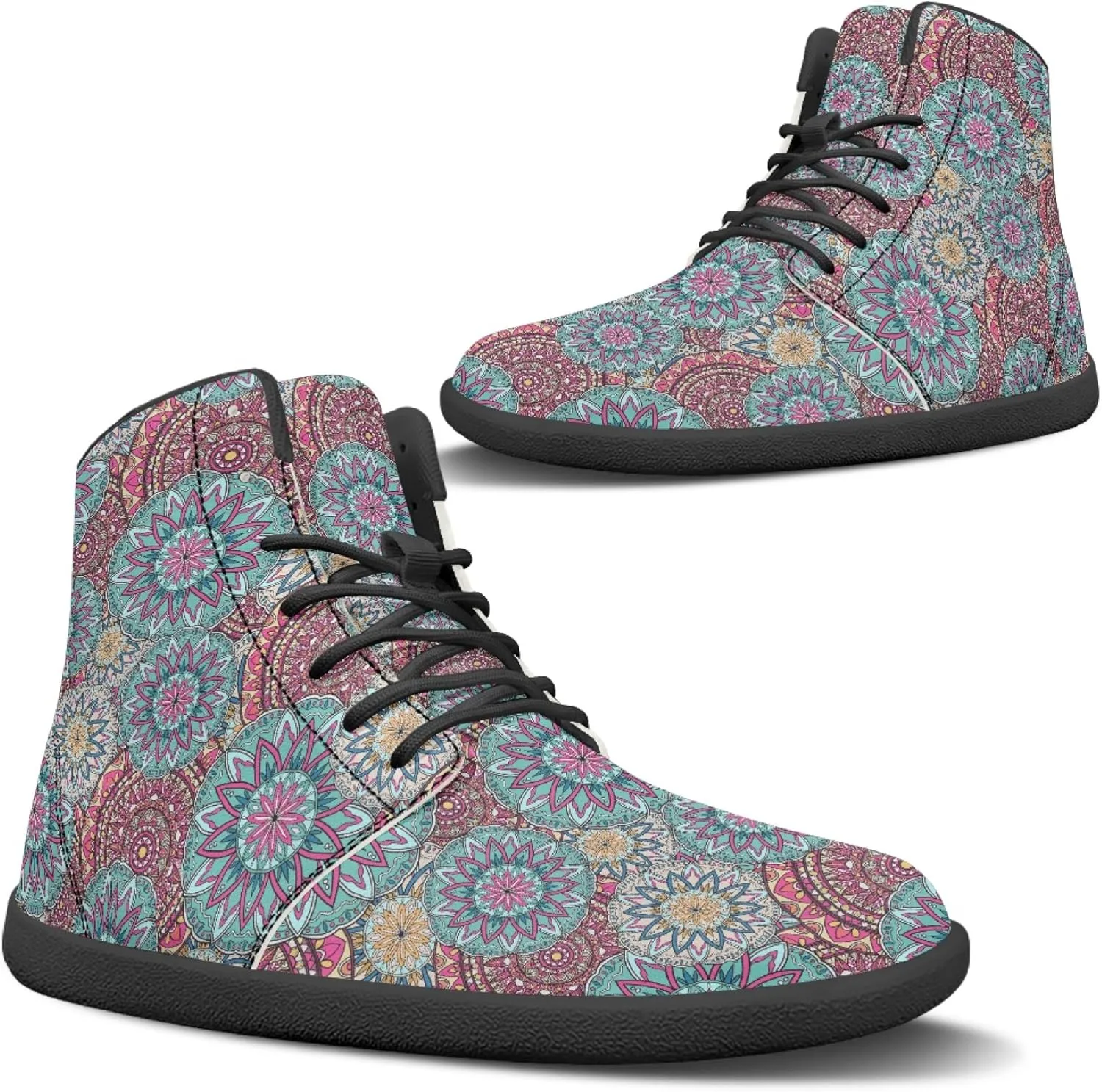Boho Mandala Print Unisex Barefoot Shoes PU Leather High Top Barefoot Sneakers for Outdoor